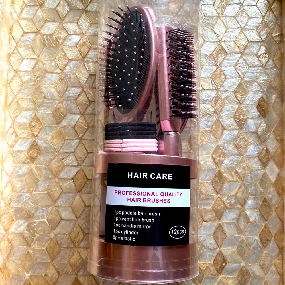 Hair Brush 12 Piece Gift Set - Pink NWT Paddle & Vent Brushes Mirror 8 Hair ties